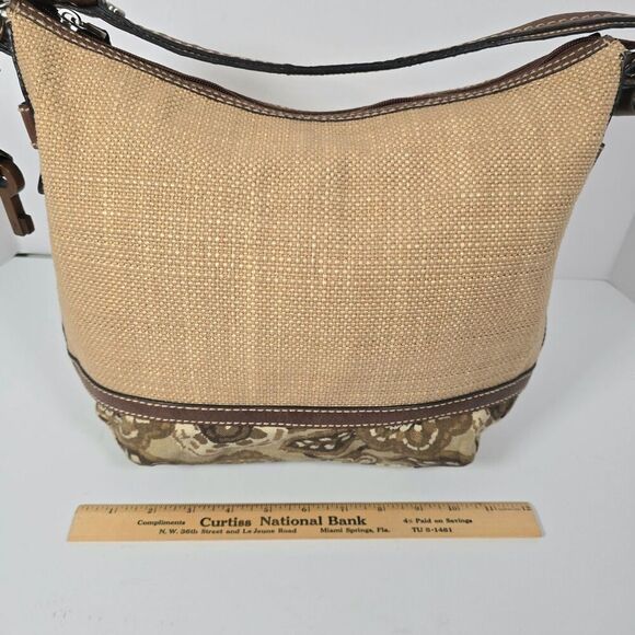 Fossil Shoulder Bag Natural Woven Fabric Paisley Leather Brown Beige Wooden Key - Picture 11 of 13